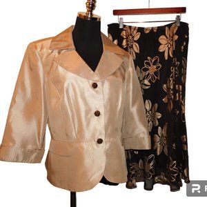 Le Bos 2 Pc. Skirt & Jacket Gold Jacket & Brown Floral Skirt Size 14